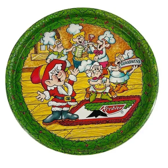 Vintage Keebler Elf Christmas Metal 10.5" Serving Tray With Santa & Baking Elves - Picture 1 of 11